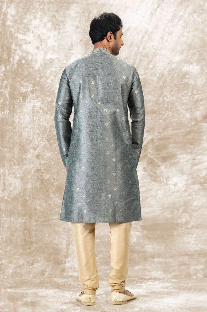 Raivat Ethnic Jacquard Silk Brocade Thread Work Kurta Pajama In Grey Colour - Image 3