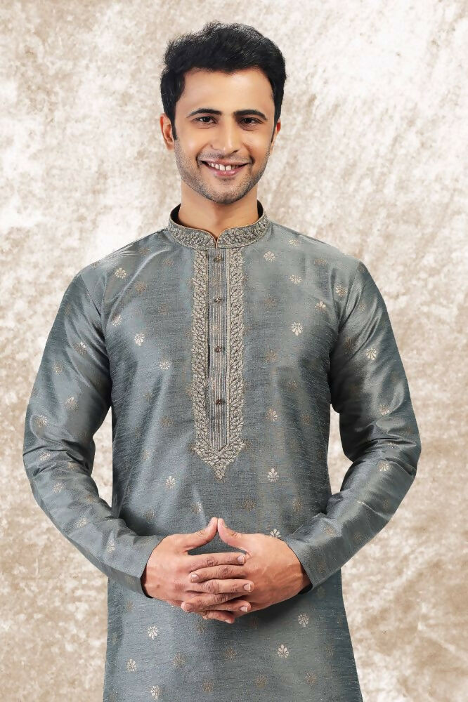 Raivat Ethnic Jacquard Silk Brocade Thread Work Kurta Pajama In Grey Colour - Image 4