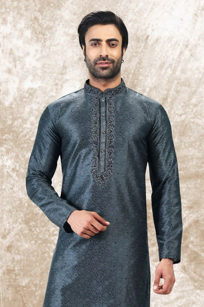 Raivat Ethnic Jacquard Silk Brocade Thread Work Kurta Pajama In Grey Colour - Image 2