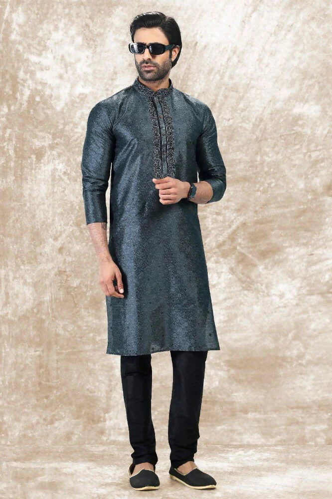 Raivat Ethnic Jacquard Silk Brocade Thread Work Kurta Pajama In Grey Colour - Image 3