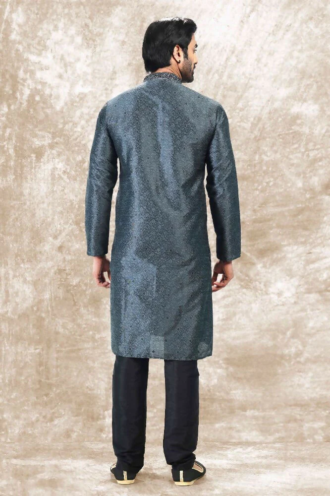 Raivat Ethnic Jacquard Silk Brocade Thread Work Kurta Pajama In Grey Colour - Image 4