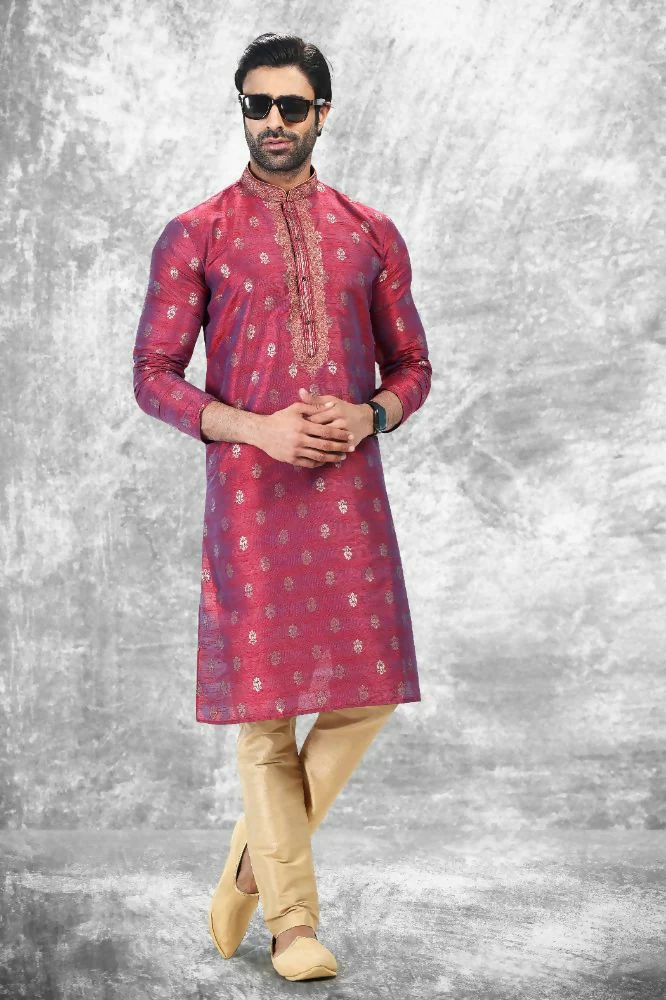 Raivat Ethnic Jacquard Silk Brocade Thread Work Kurta Pajama In Magenta Pink Colour - Image 2