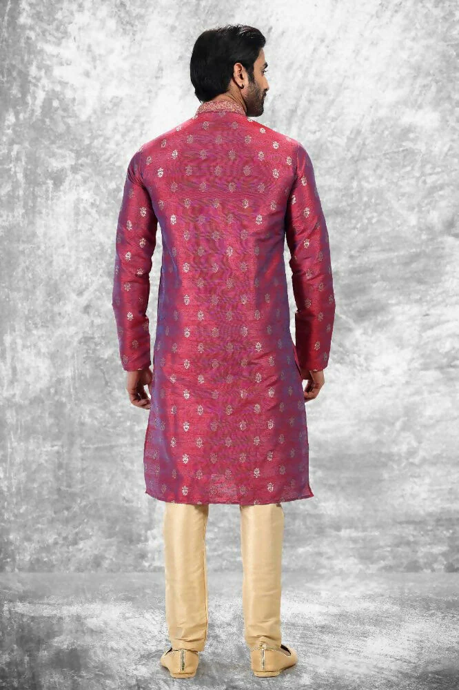 Raivat Ethnic Jacquard Silk Brocade Thread Work Kurta Pajama In Magenta Pink Colour - Image 3