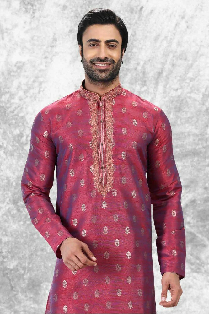 Raivat Ethnic Jacquard Silk Brocade Thread Work Kurta Pajama In Magenta Pink Colour - Image 4