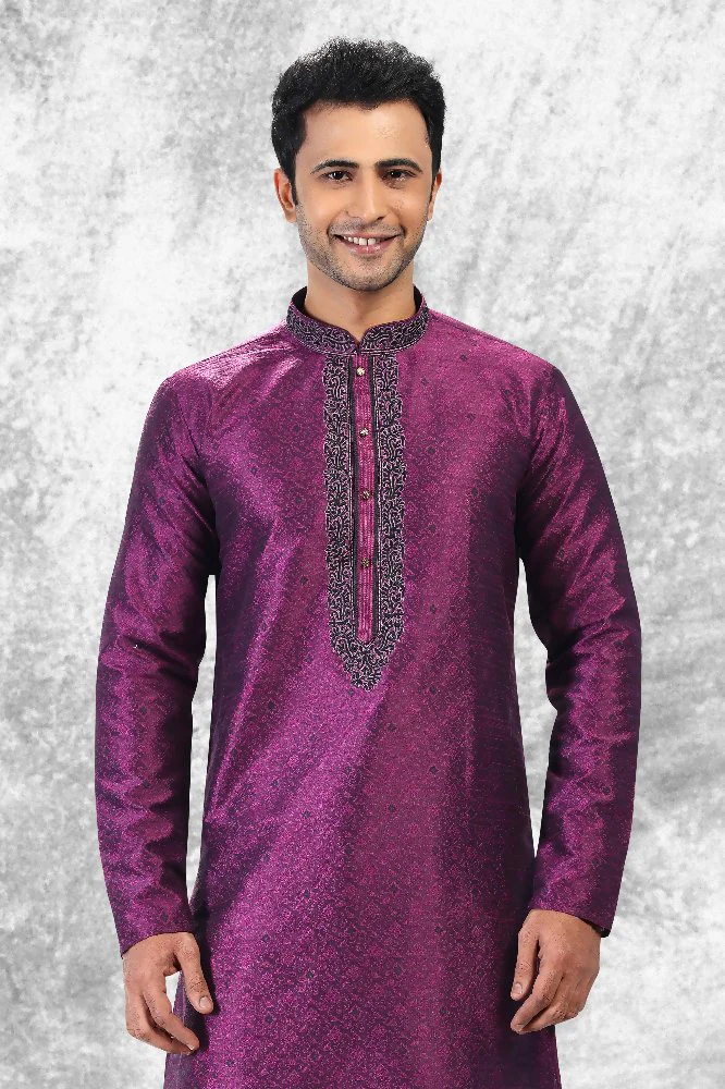 Raivat Ethnic Jacquard Silk Brocade Thread Work Kurta Pajama In Purple Colour - Image 2