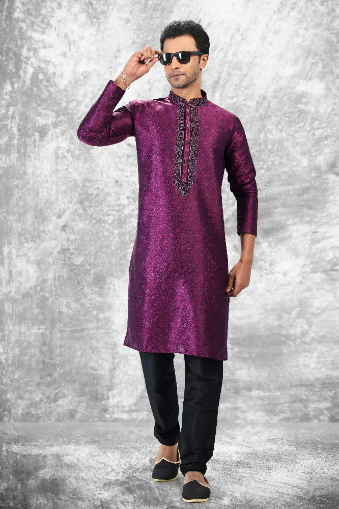 Raivat Ethnic Jacquard Silk Brocade Thread Work Kurta Pajama In Purple Colour - Image 3