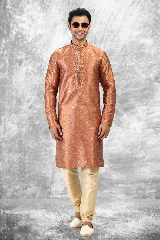 Raivat Ethnic Jacquard Silk Brocade Thread Work Kurta Pajama In Rust Brown Colour - Image 2