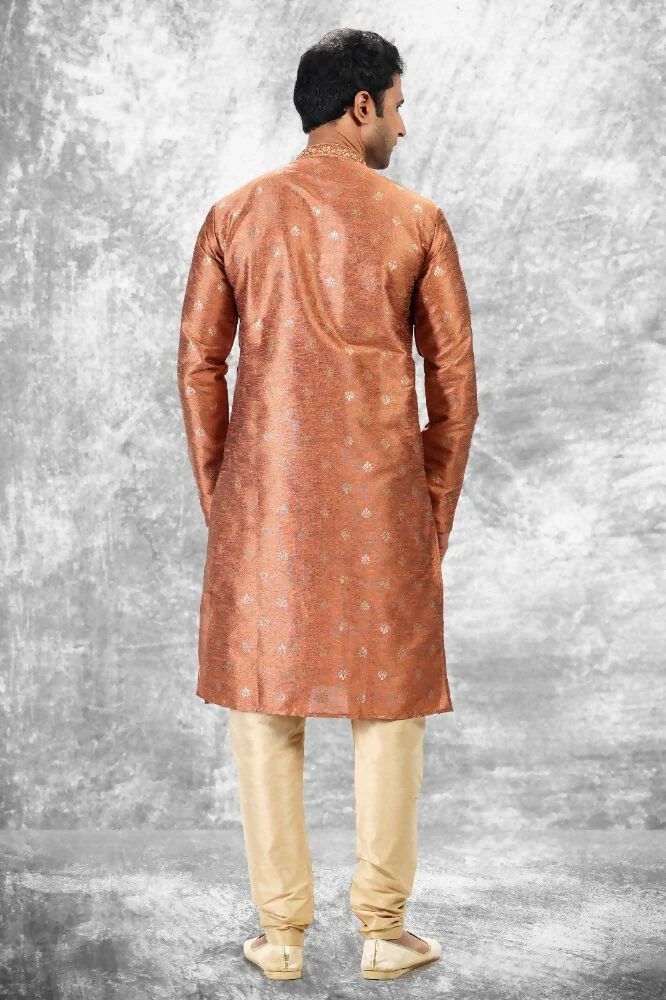 Raivat Ethnic Jacquard Silk Brocade Thread Work Kurta Pajama In Rust Brown Colour - Image 3