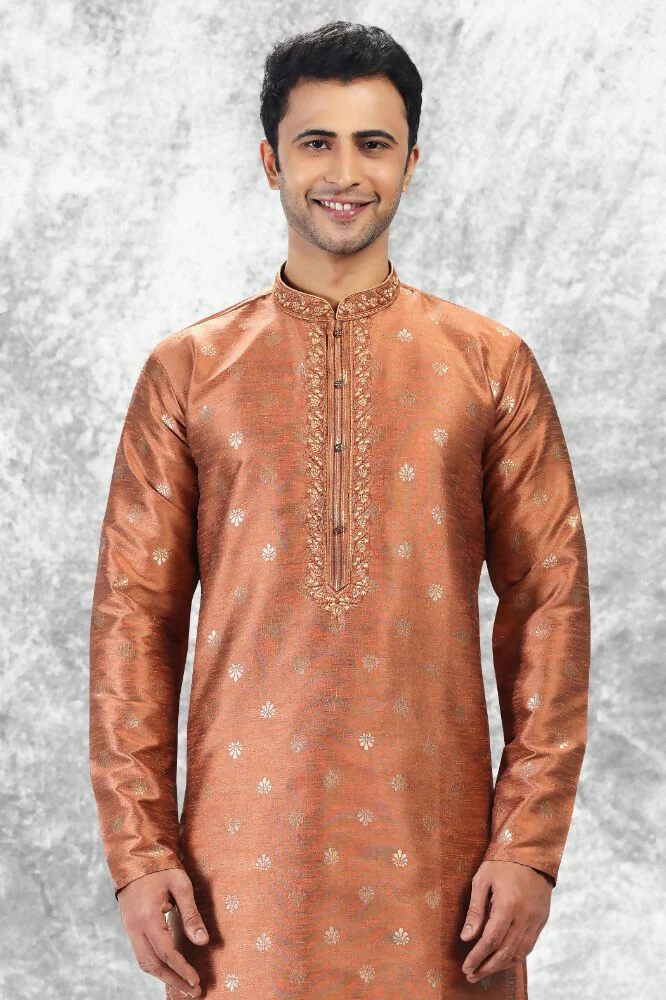 Raivat Ethnic Jacquard Silk Brocade Thread Work Kurta Pajama In Rust Brown Colour - Image 4