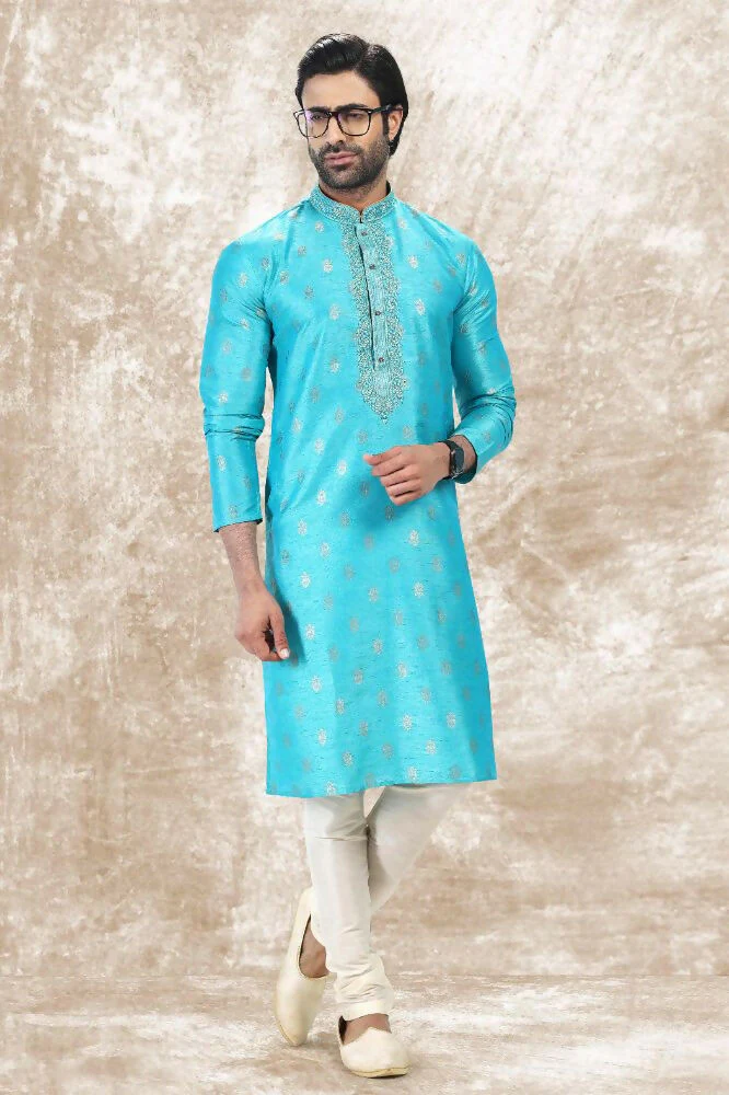 Raivat Ethnic Jacquard Silk Brocade Thread Work Kurta Pajama In Sky Blue Colour - Image 2