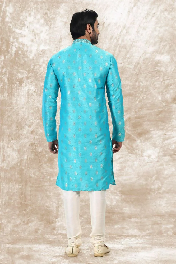 Raivat Ethnic Jacquard Silk Brocade Thread Work Kurta Pajama In Sky Blue Colour - Image 3