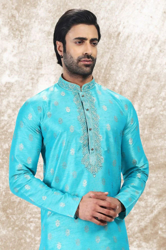 Raivat Ethnic Jacquard Silk Brocade Thread Work Kurta Pajama In Sky Blue Colour - Image 4
