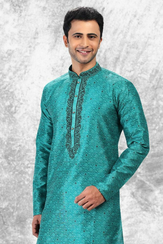 Raivat Ethnic Jacquard Silk Brocade Thread Work Kurta Pajama In Teal Green Colour - Image 2