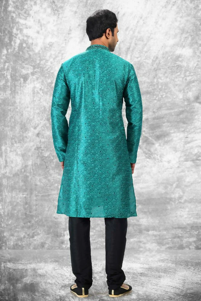 Raivat Ethnic Jacquard Silk Brocade Thread Work Kurta Pajama In Teal Green Colour - Image 3