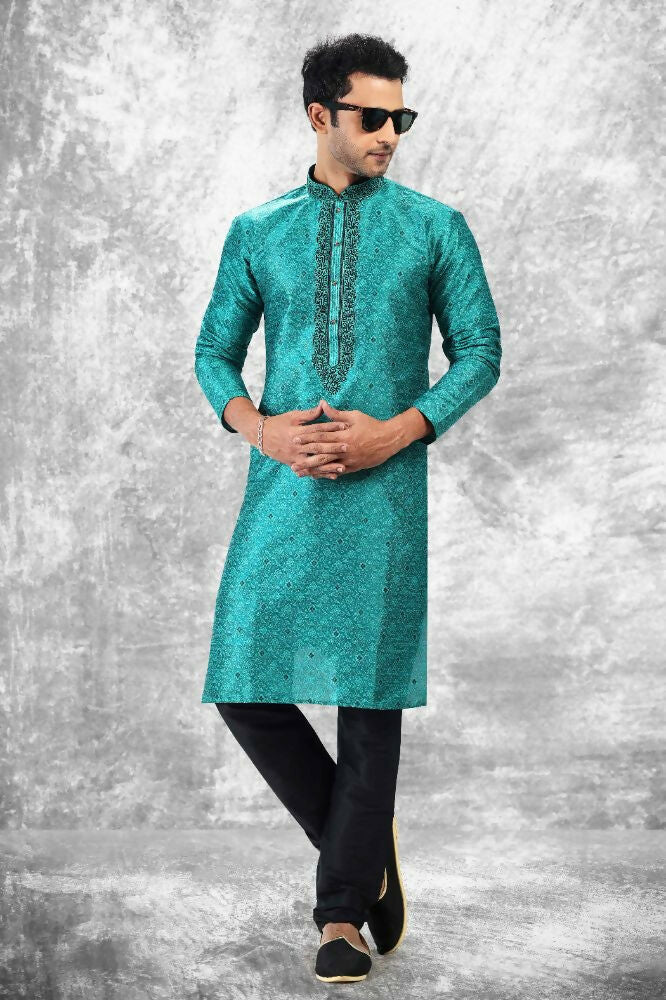 Raivat Ethnic Jacquard Silk Brocade Thread Work Kurta Pajama In Teal Green Colour - Image 4
