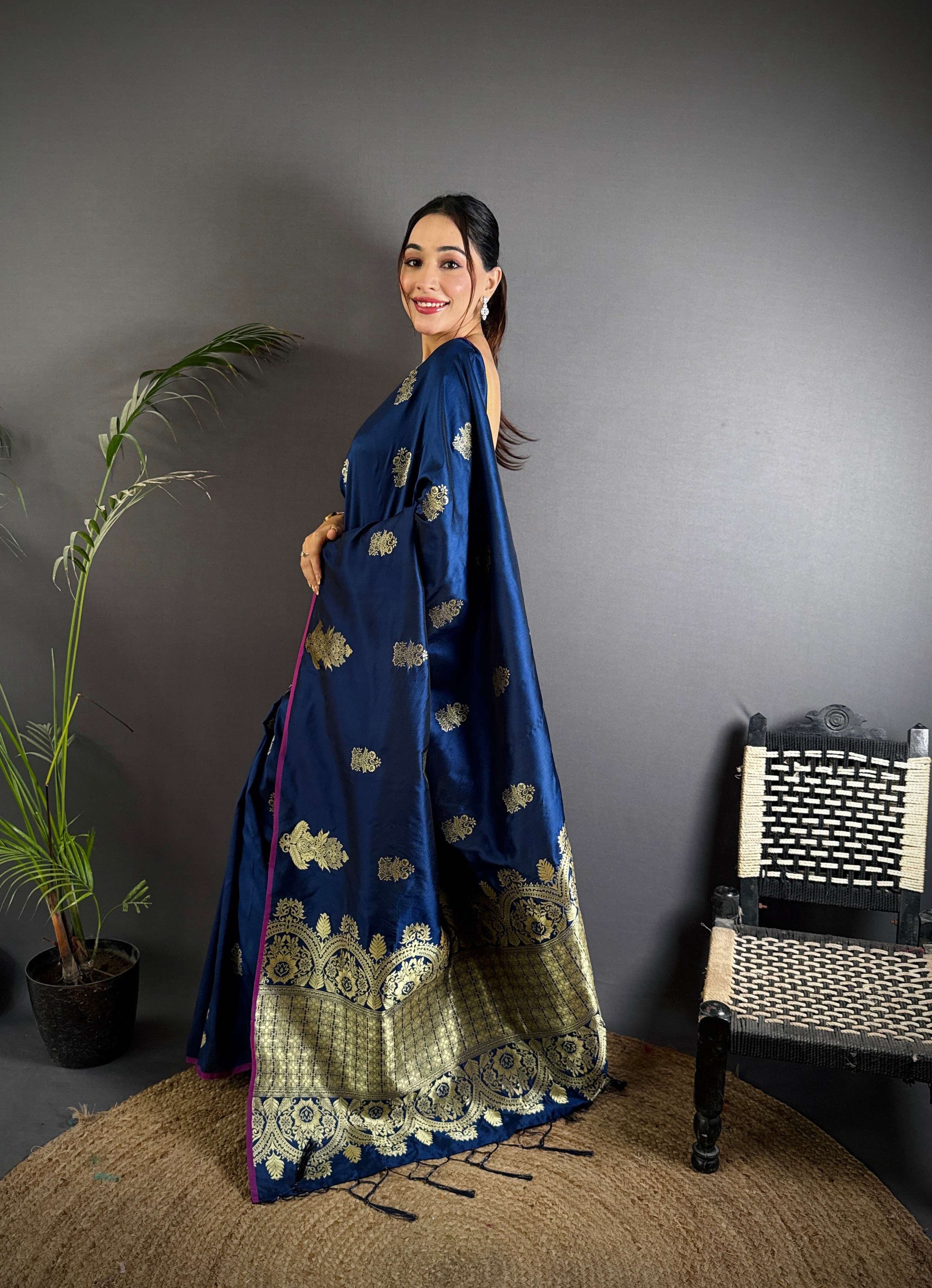 Sonakshi Women'S Blue Pure Lichi Silk With Weaving Zari Traditional Saree With Blouse - Image 2