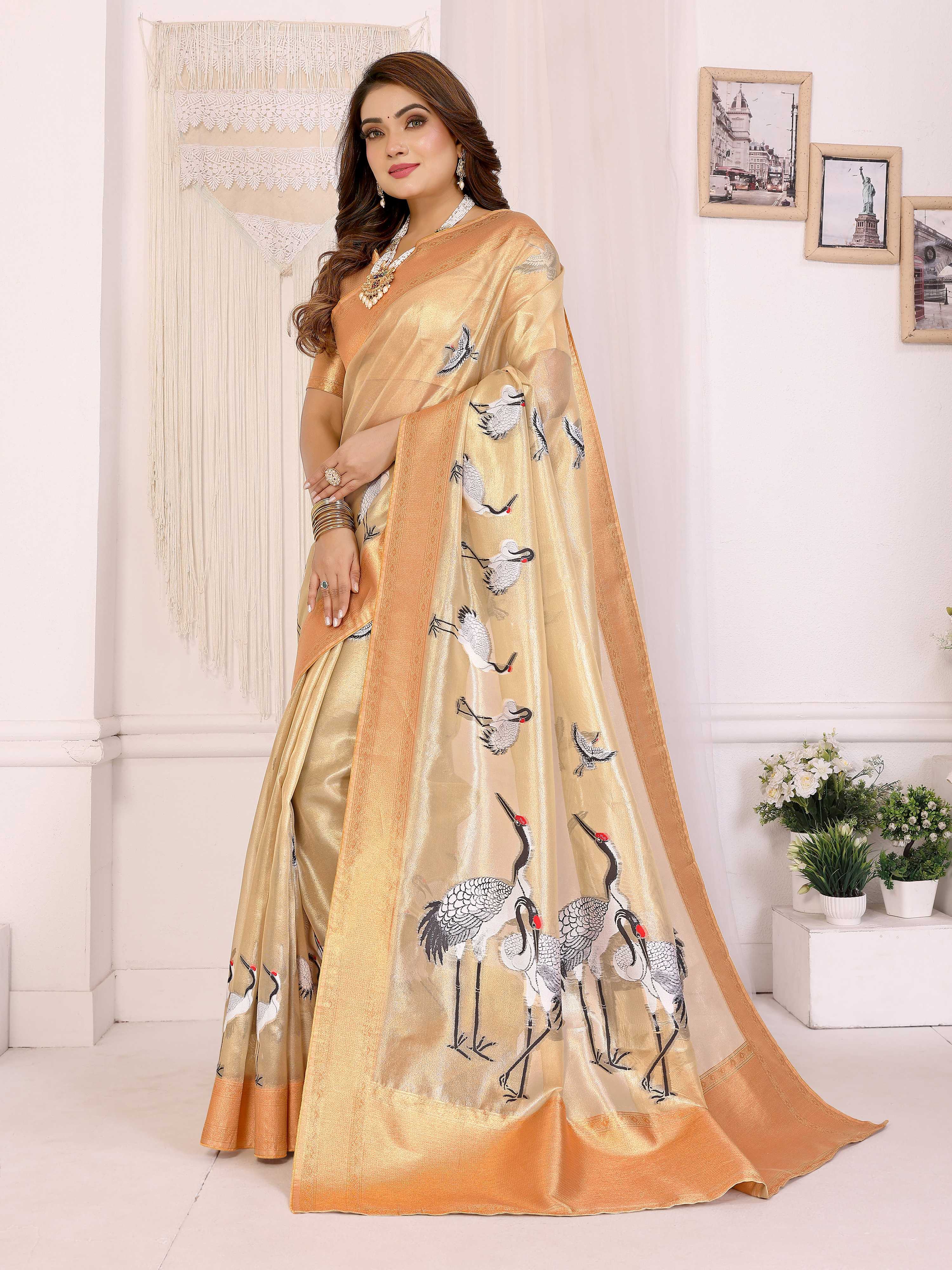 Sonakshi Women'S Chandan Premium Tissue Silk Copper-Gold Border Traditional Saree With Blouse - Image 3