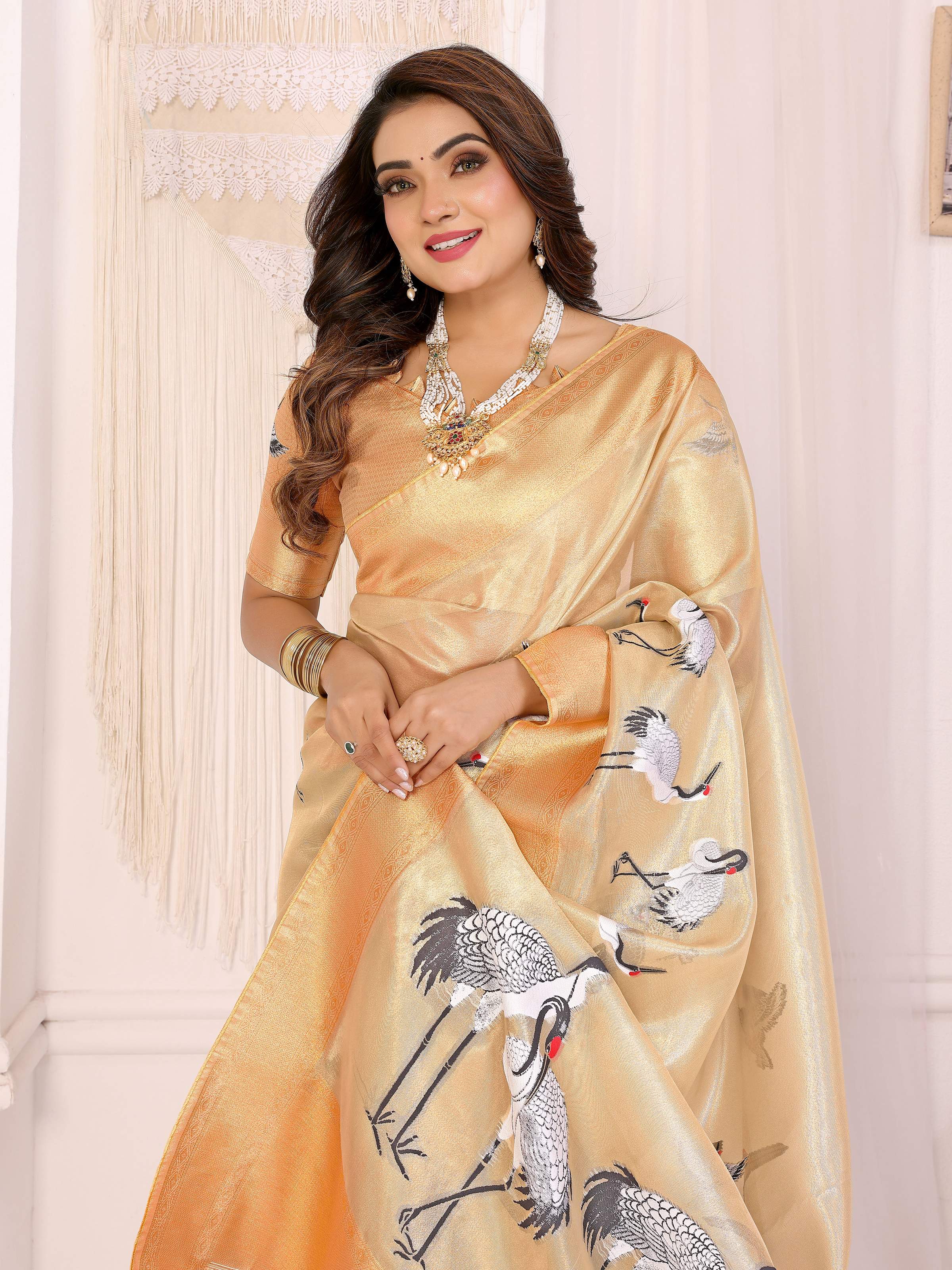 Sonakshi Women'S Chandan Premium Tissue Silk Copper-Gold Border Traditional Saree With Blouse - Image 4