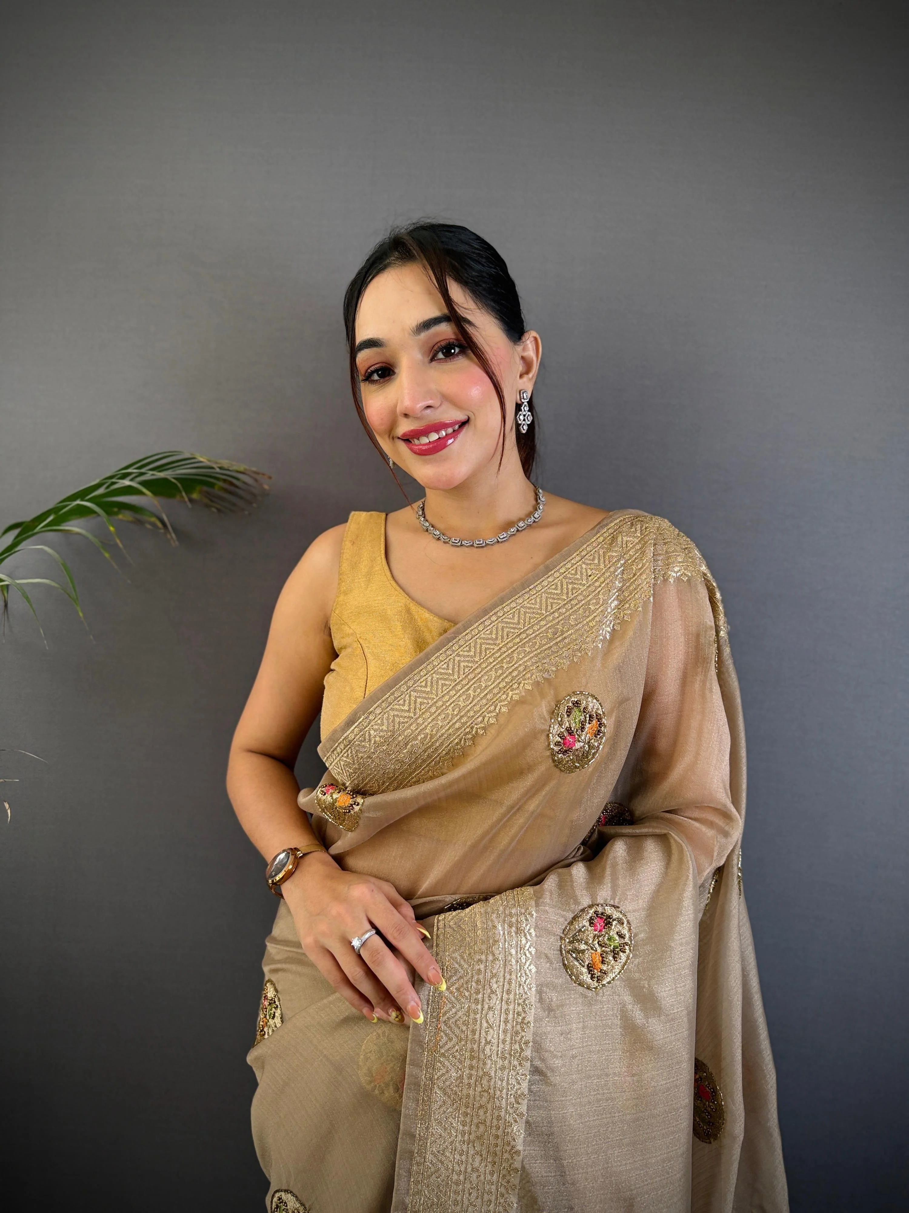 Sonakshi Women'S Chiku Pure Organza Silk With Attractive Embroidery Work Traditional Saree With Blouse - Image 3