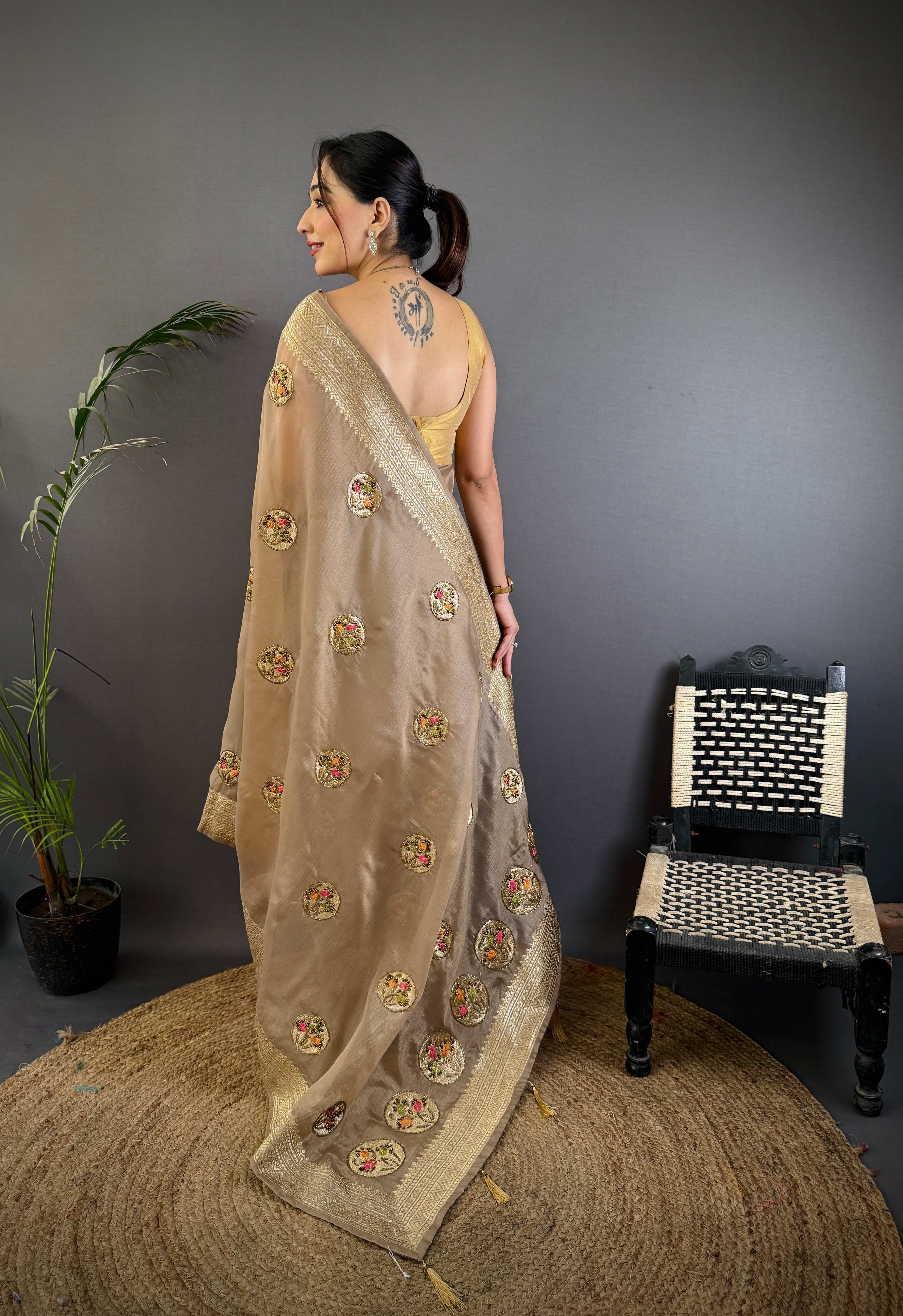 Sonakshi Women'S Chiku Pure Organza Silk With Attractive Embroidery Work Traditional Saree With Blouse - Image 4