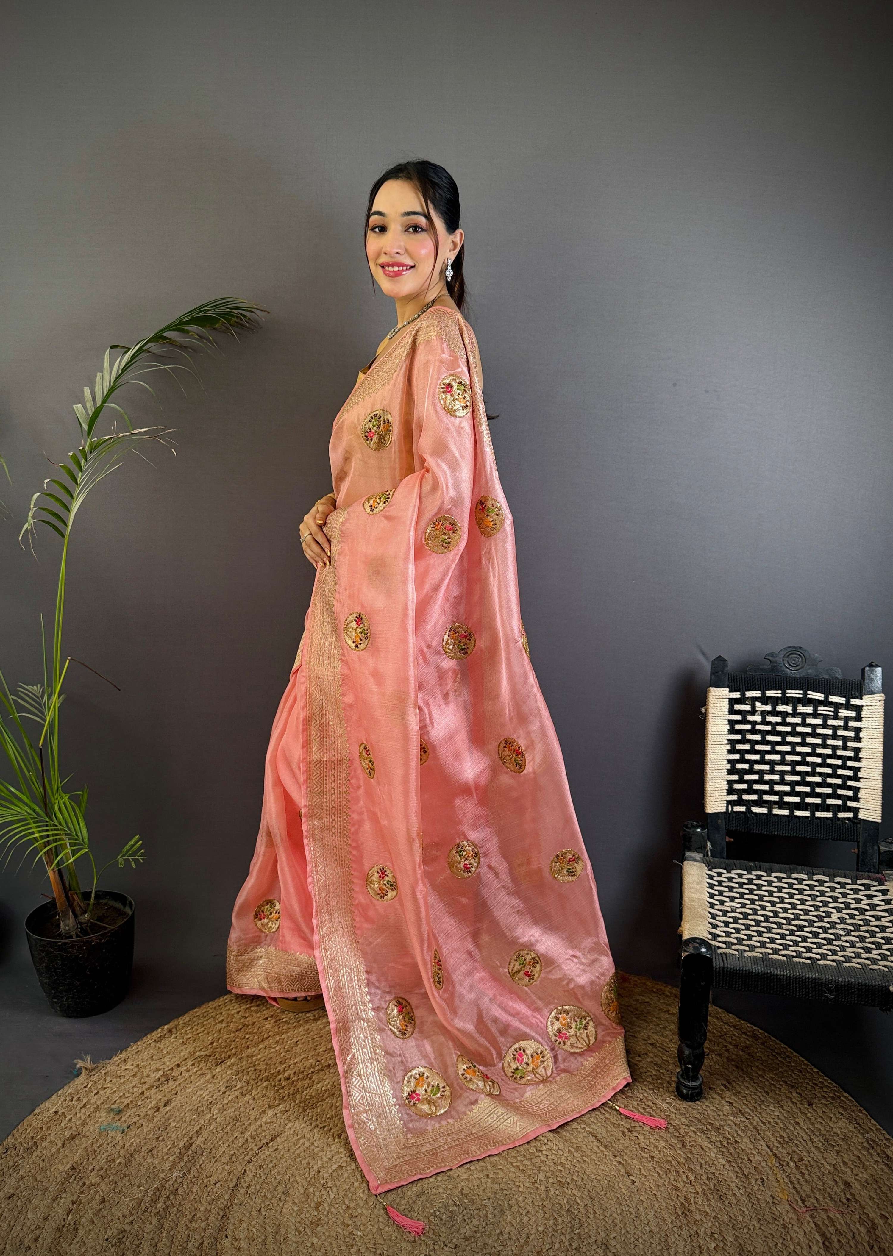 Sonakshi Women'S Gajri Pure Organza Silk With Attractive Embroidery Work Traditional Saree With Blouse - Image 2