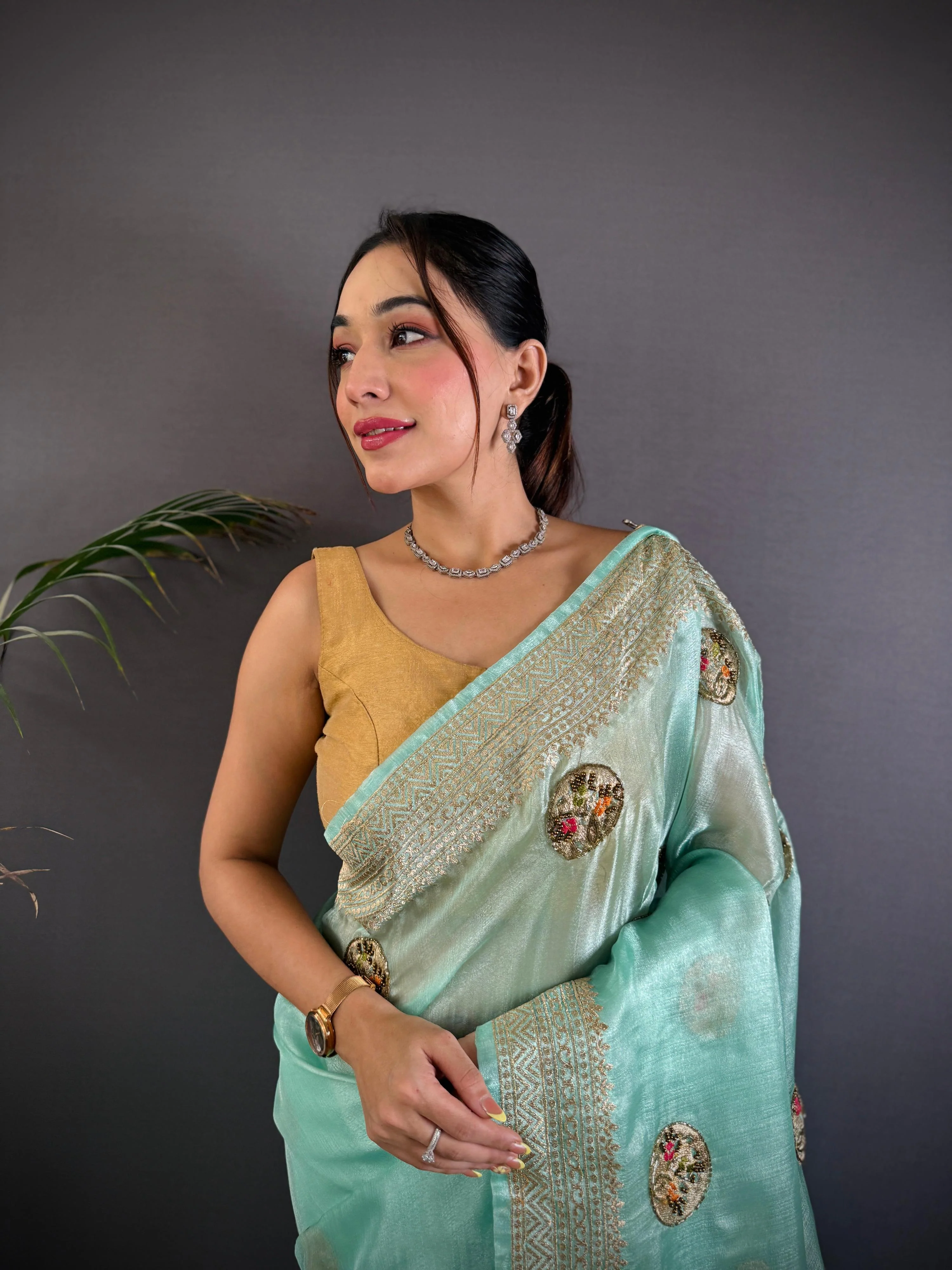 Sonakshi Women'S Sky Pure Organza Silk With Attractive Embroidery Work Traditional Saree With Blouse - Image 3