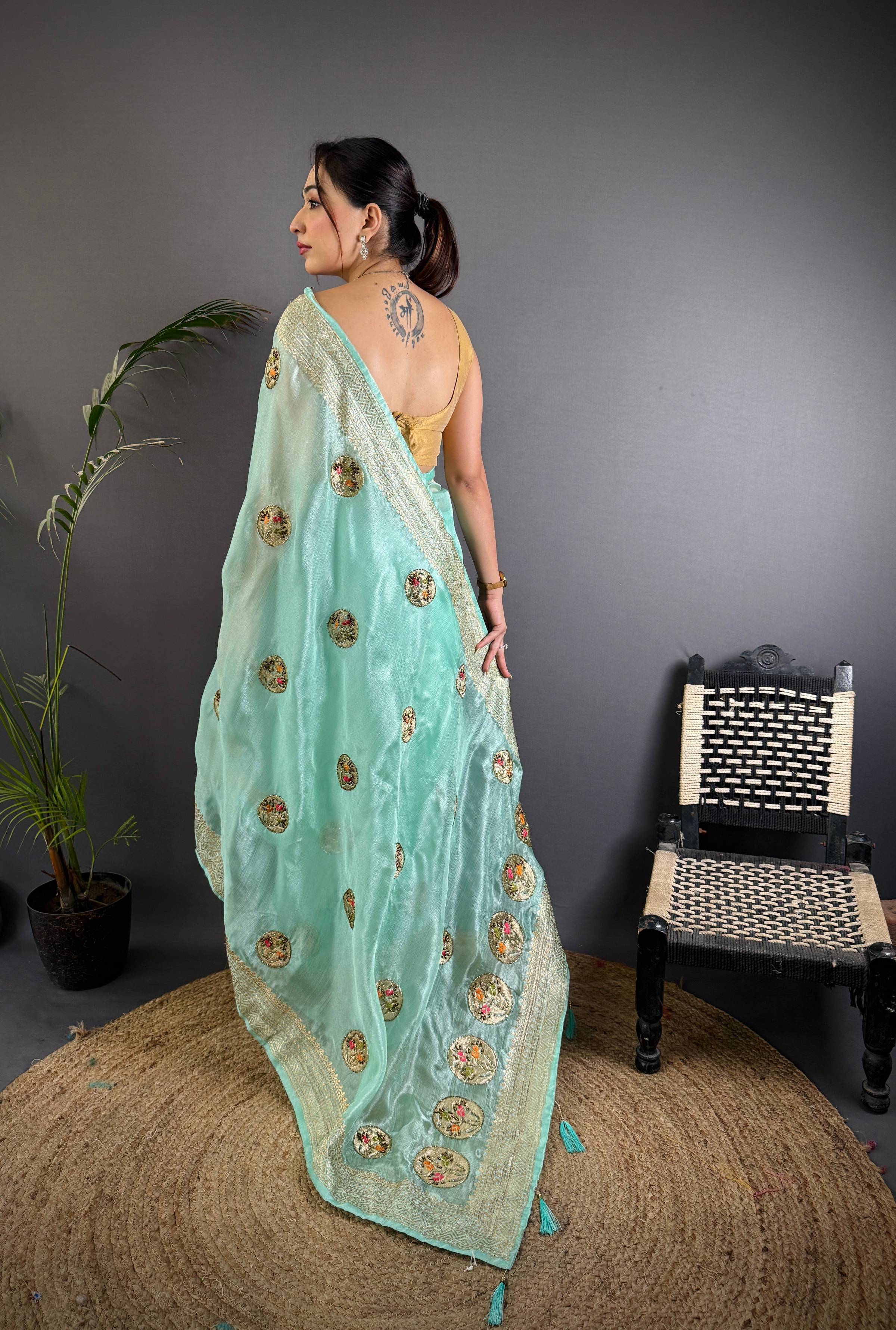 Sonakshi Women'S Sky Pure Organza Silk With Attractive Embroidery Work Traditional Saree With Blouse - Image 4