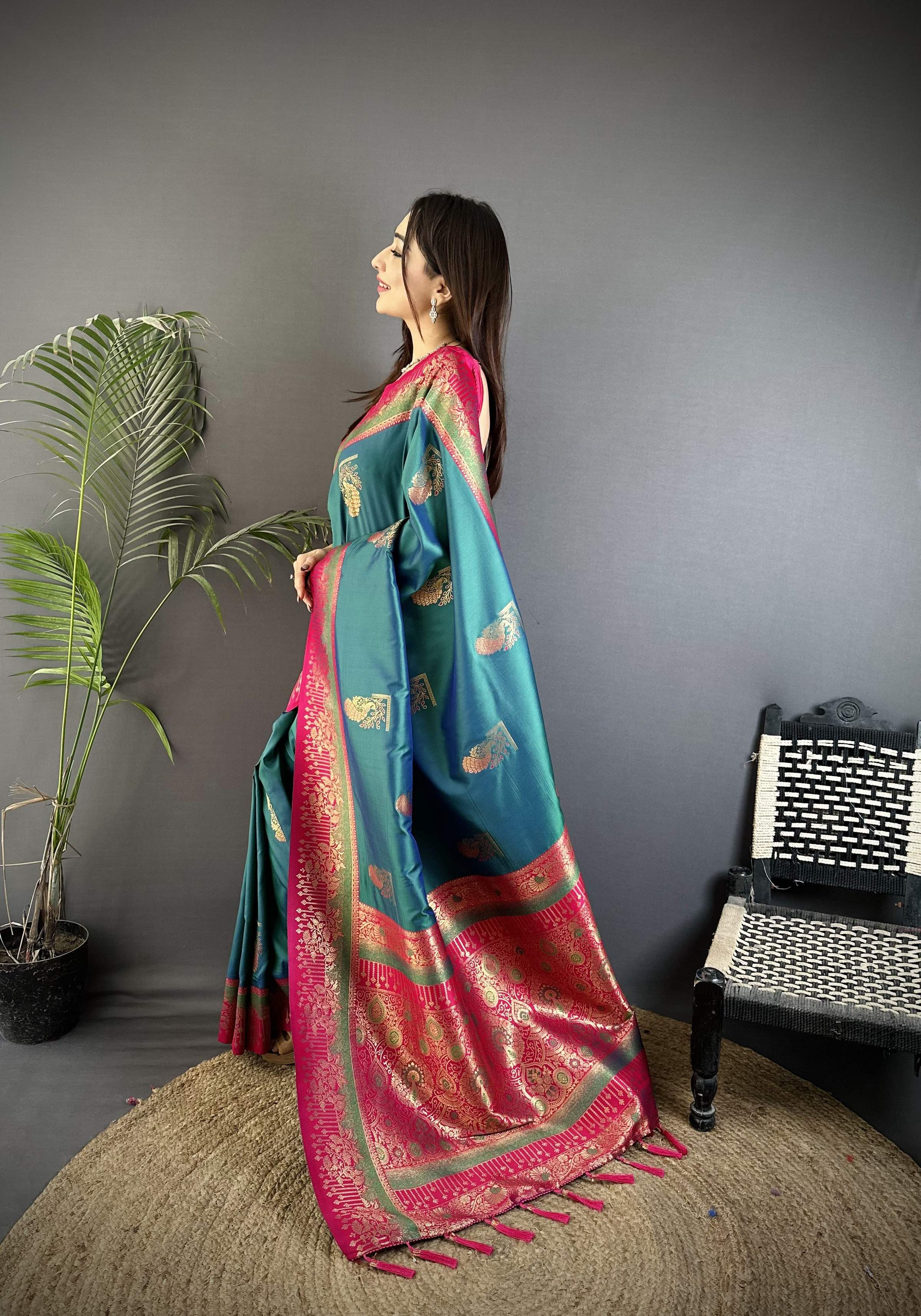 Sonakshi Women'S Teal Pure Soft Banarasi Silk With Contrast Weaving Border And Pallu Traditional Saree With Blouse - Image 3