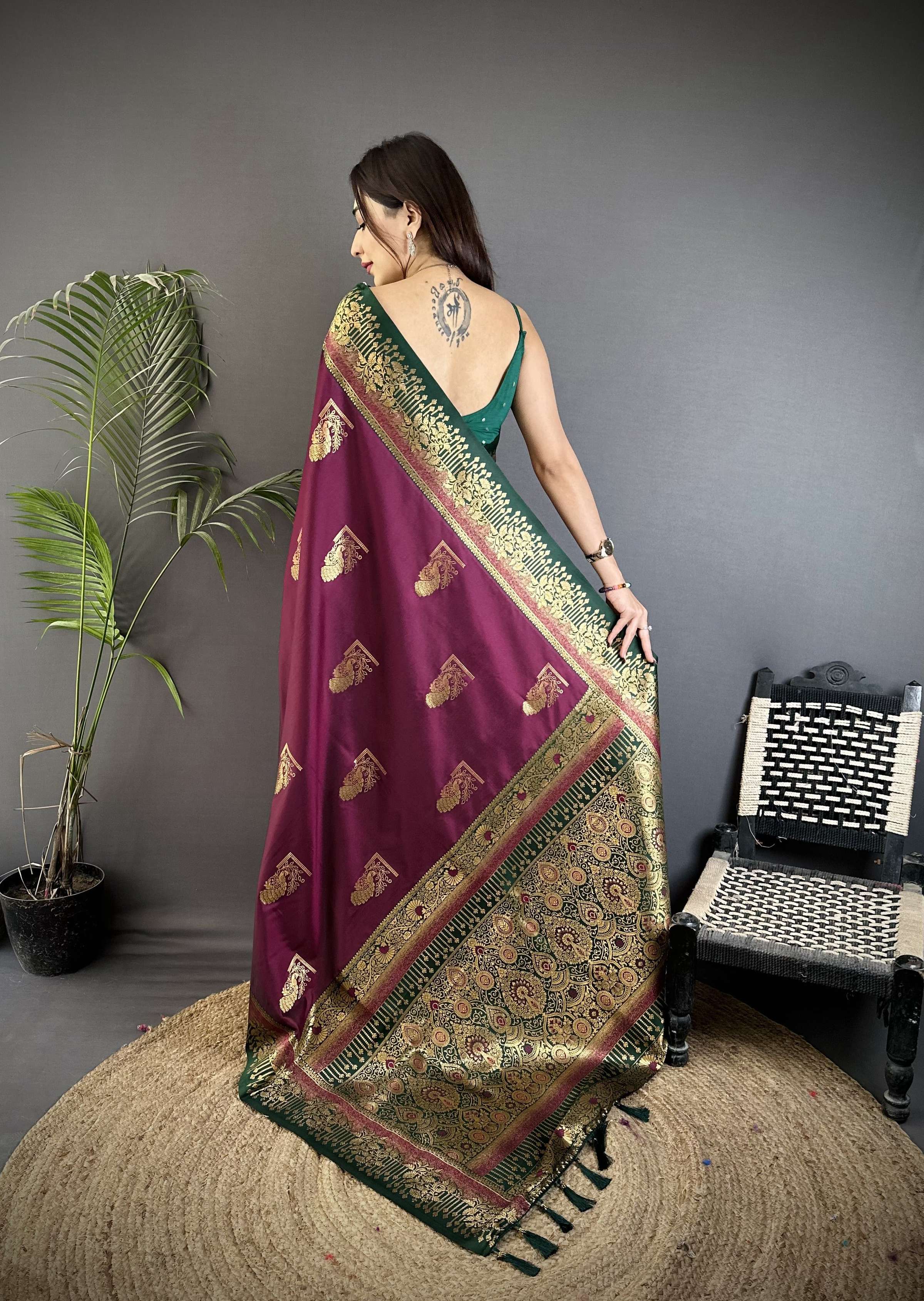 Sonakshi Women'S Wine Pure Soft Banarasi Silk With Contrast Weaving Border And Pallu Traditional Saree With Blouse - Image 3