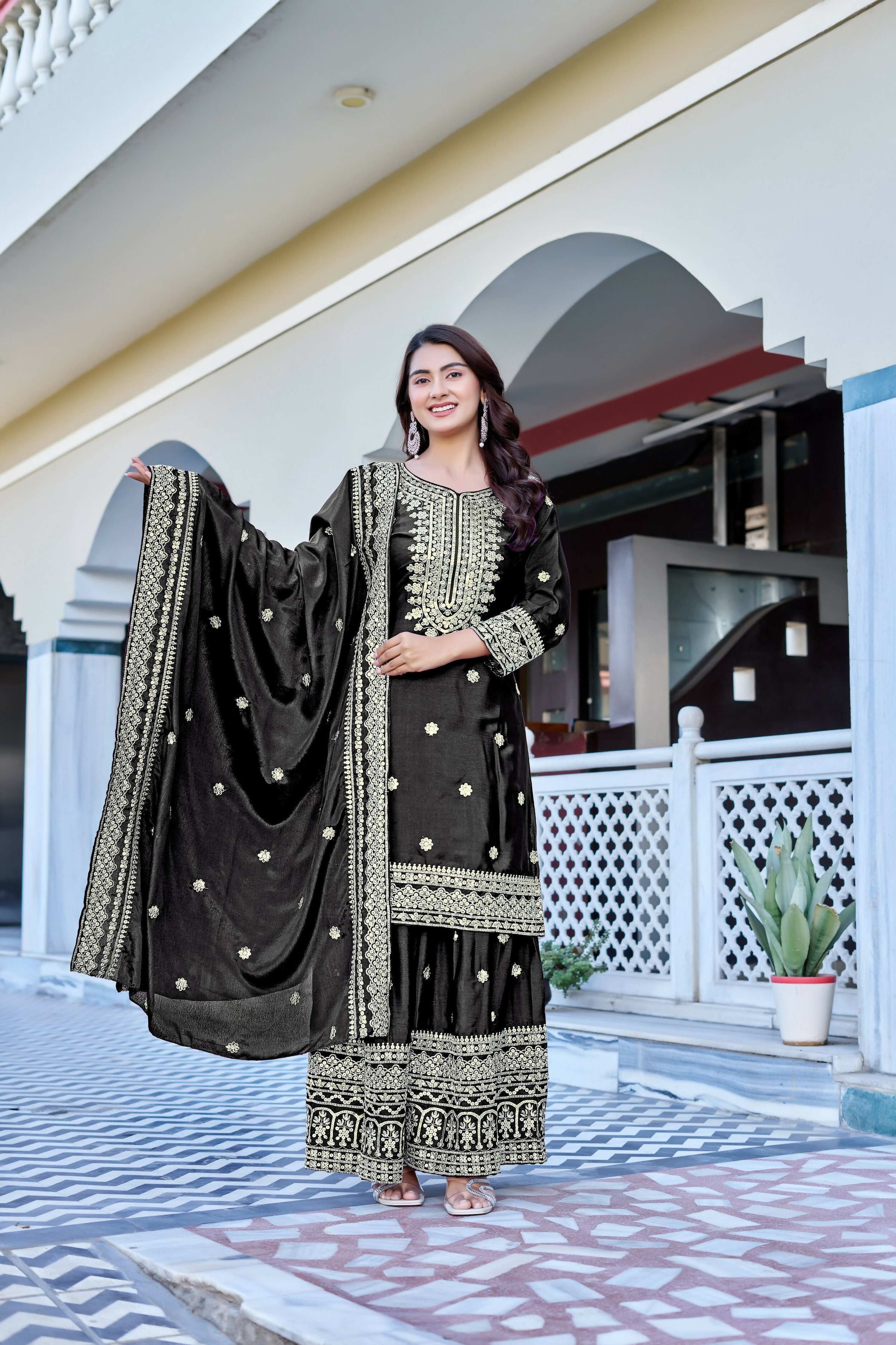 Teeya Creation Black Color Chinon Silk Heavy Embroidery Work Wedding Wear Sharara - Image 2