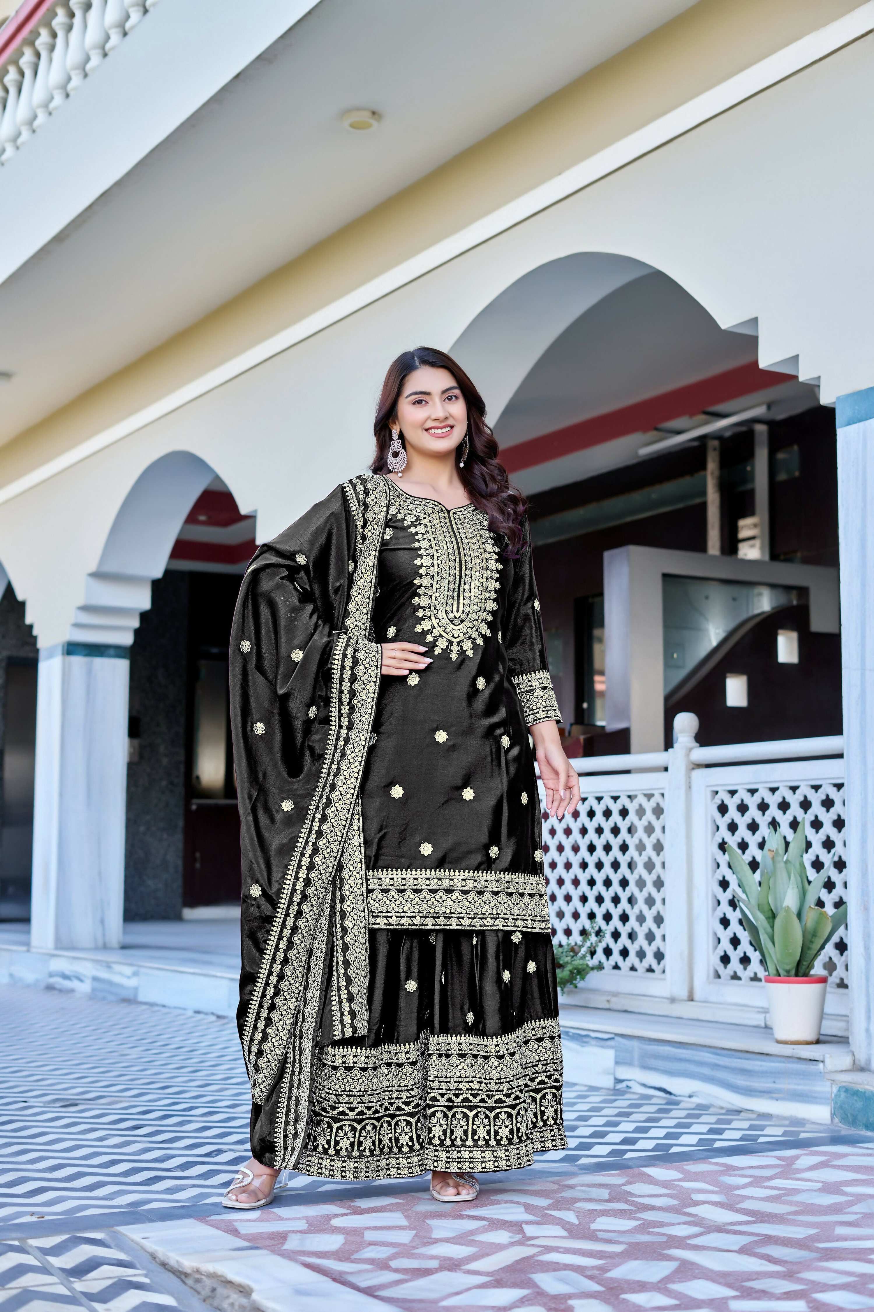 Teeya Creation Black Color Chinon Silk Heavy Embroidery Work Wedding Wear Sharara - Image 3