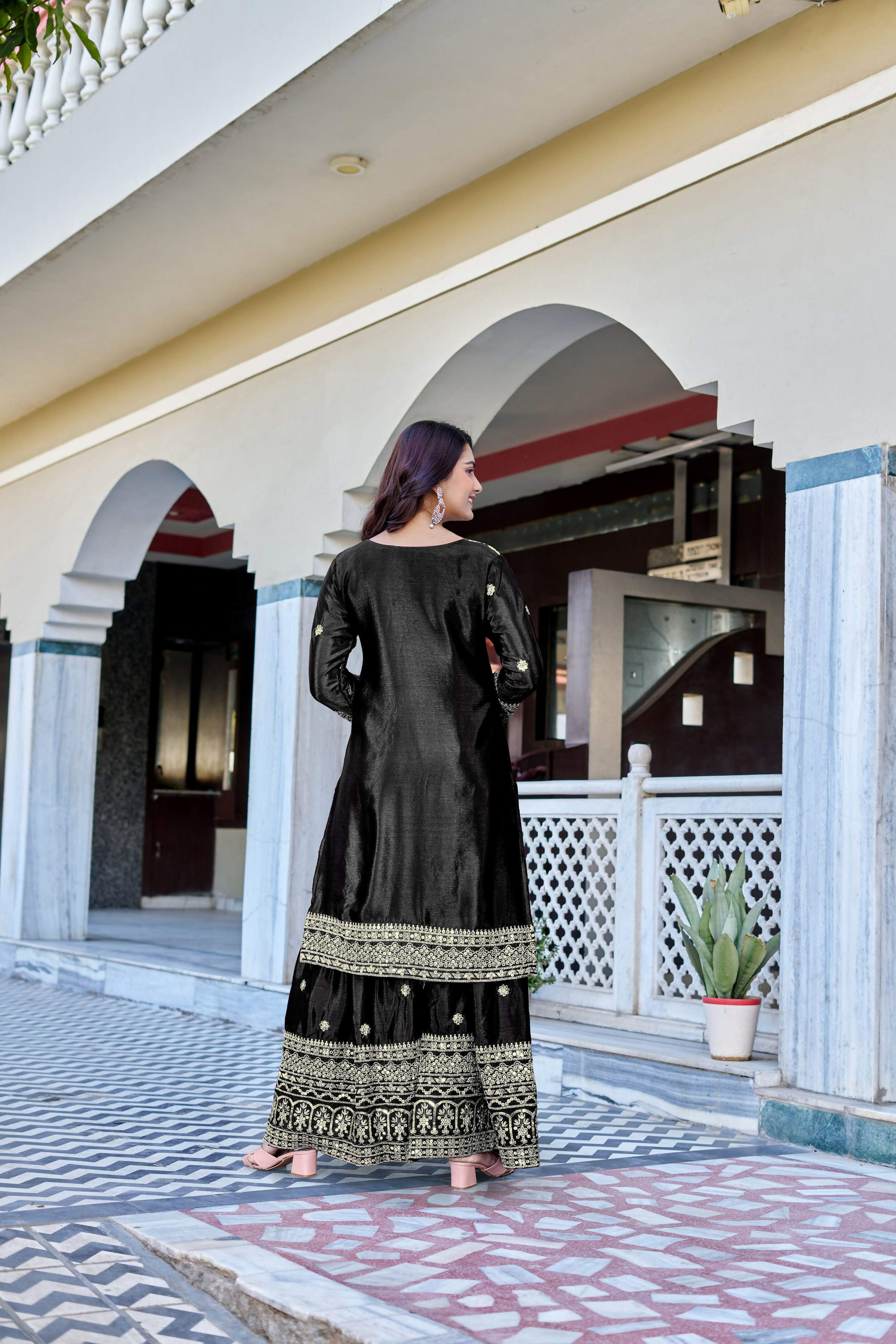 Teeya Creation Black Color Chinon Silk Heavy Embroidery Work Wedding Wear Sharara - Image 4