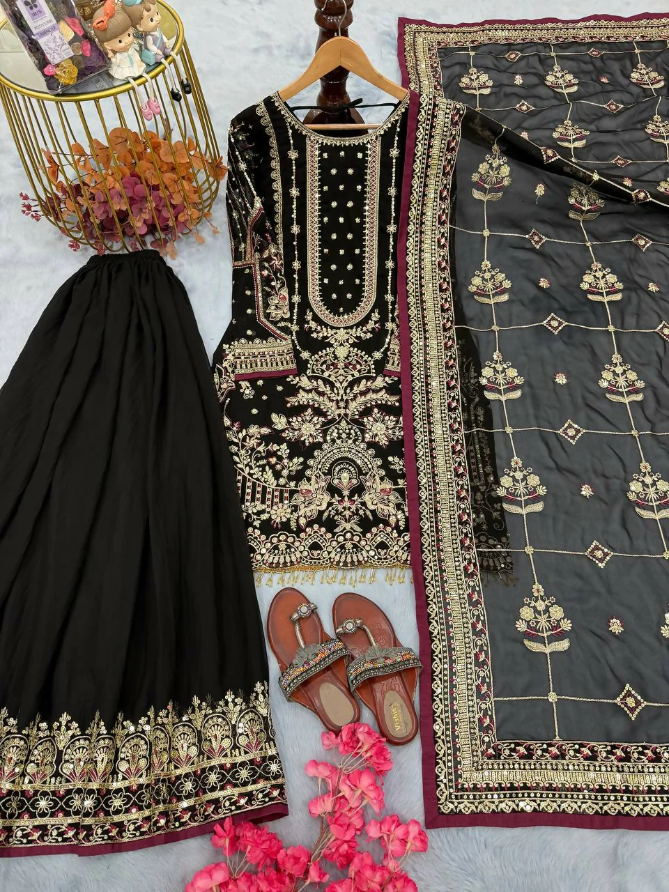 Teeya Creation Black Faux georgette Designer heavy work Wedding Wear Palazzo pair - Image 3