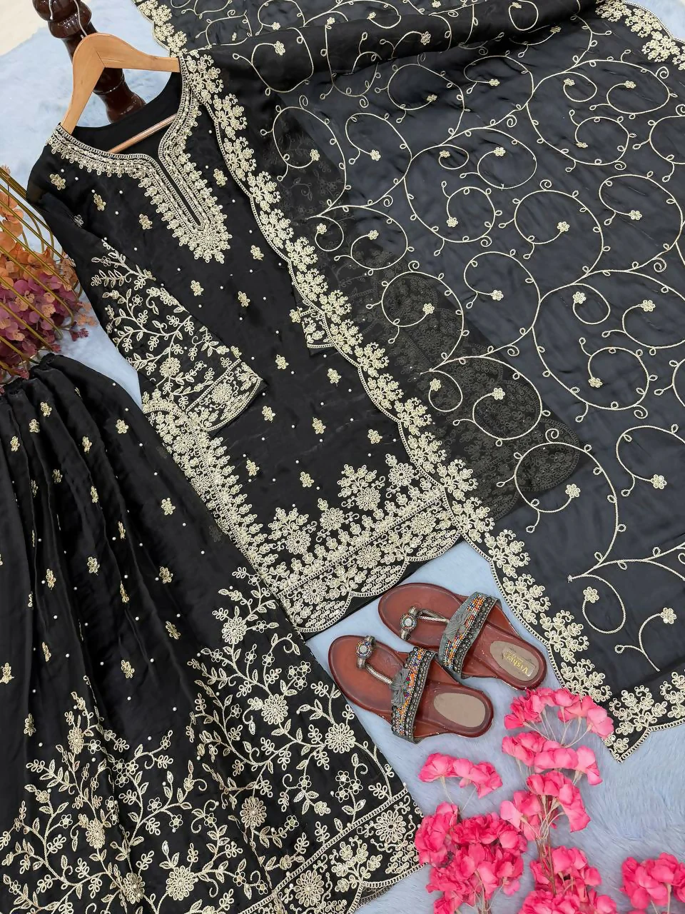 Teeya Creation Black Pure Silk Gimmy Silk Heavy Embroidery Work Wedding Wear Palazzo Pair - Image 2