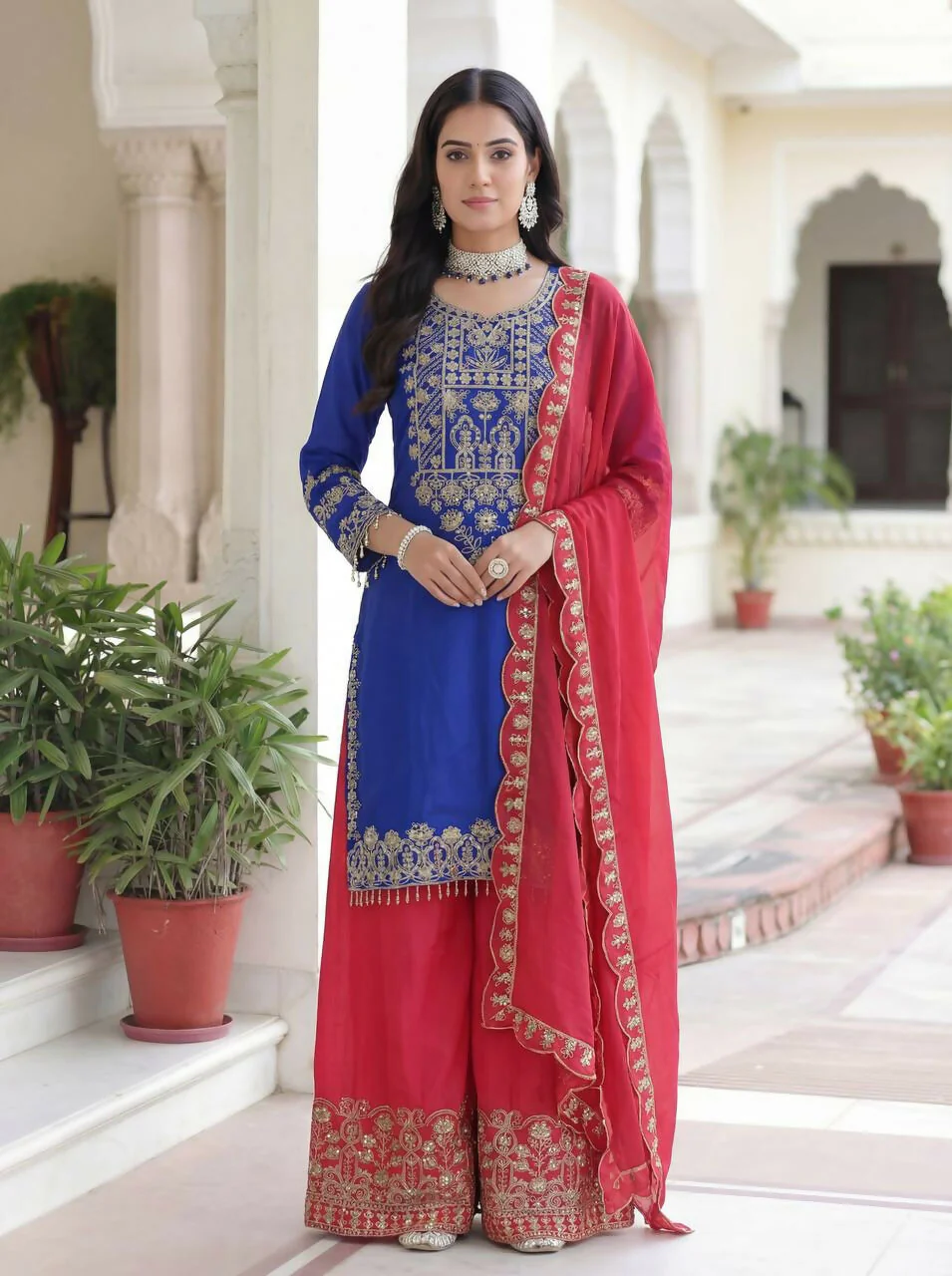 Teeya Creation Blue Chinon Silk Designer Wedding Wear Embroidery Work Palazzo