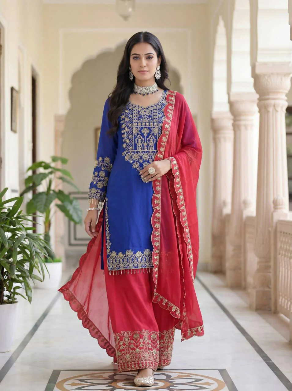 Teeya Creation Blue Chinon Silk Designer Wedding Wear Embroidery Work Palazzo - Image 2