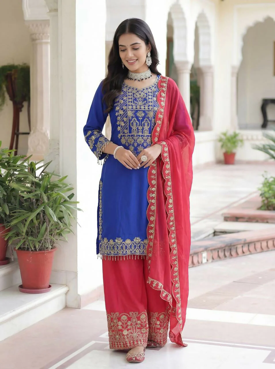 Teeya Creation Blue Chinon Silk Designer Wedding Wear Embroidery Work Palazzo - Image 3