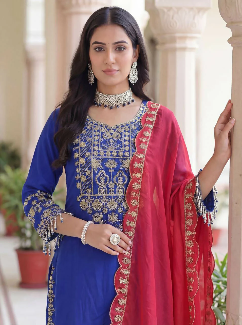Teeya Creation Blue Chinon Silk Designer Wedding Wear Embroidery Work Palazzo - Image 5