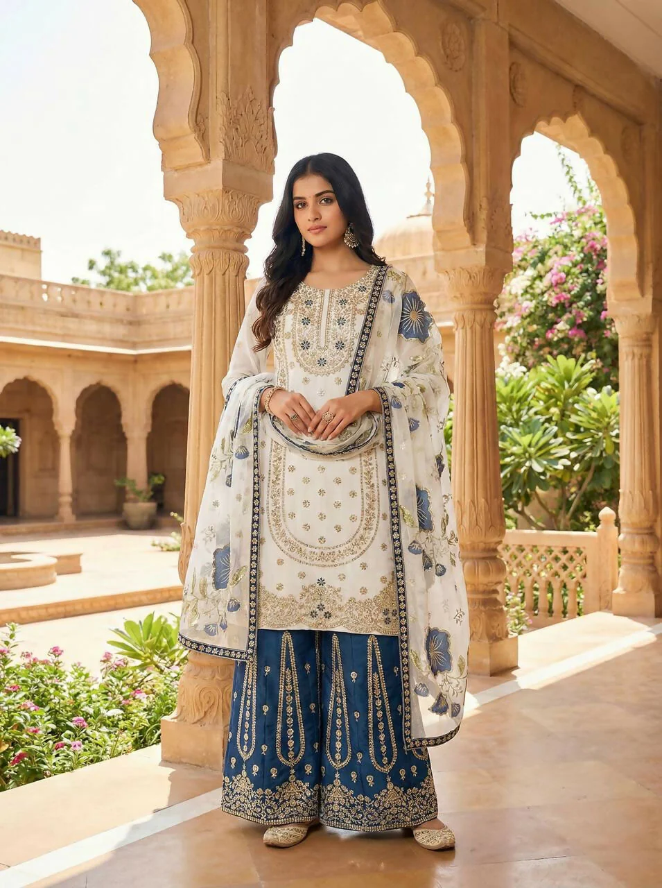 Teeya Creation Blue Gimmy Silk Designer Embroidery Work Wedding Wear Palazzo Pair - Image 2
