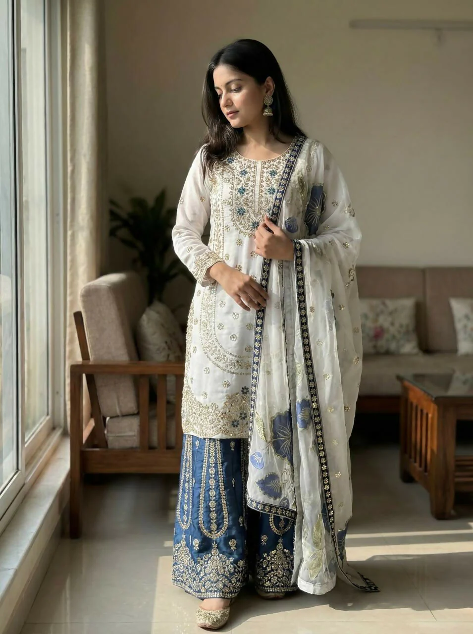 Teeya Creation Blue Gimmy Silk Designer Embroidery Work Wedding Wear Palazzo Pair - Image 3