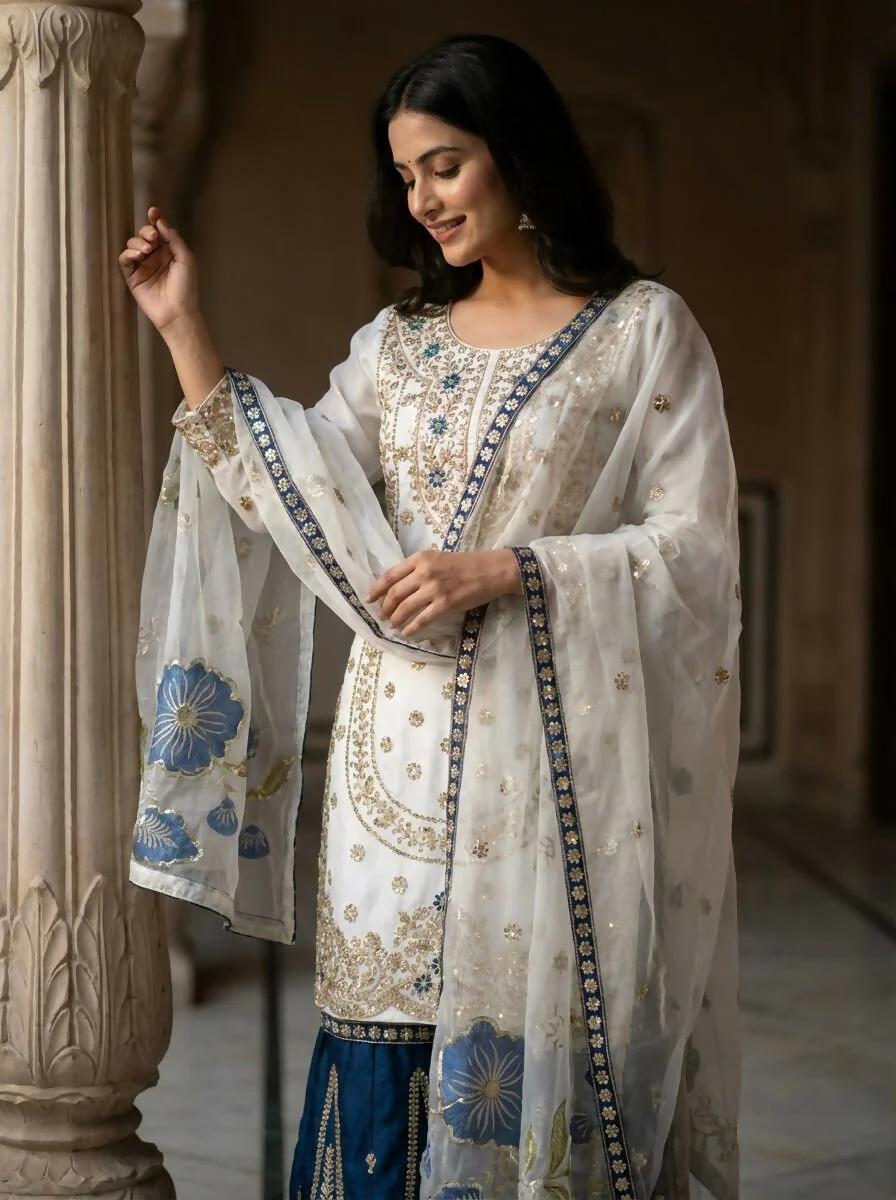 Teeya Creation Blue Gimmy Silk Designer Embroidery Work Wedding Wear Palazzo Pair - Image 4