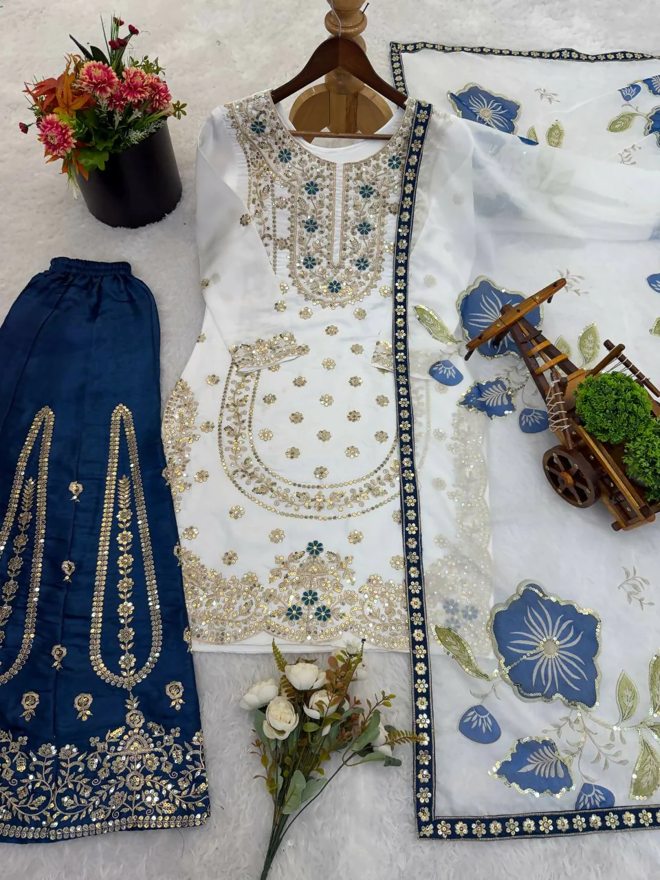 Teeya Creation Blue Gimmy Silk Designer Embroidery Work Wedding Wear Palazzo Pair - Image 5