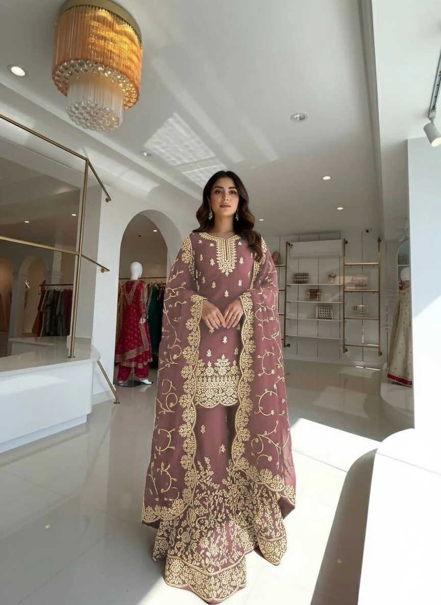 Teeya Creation Coffee Pure Silk Gimmy Silk Heavy Embroidery Work Wedding Wear Palazzo Pair
