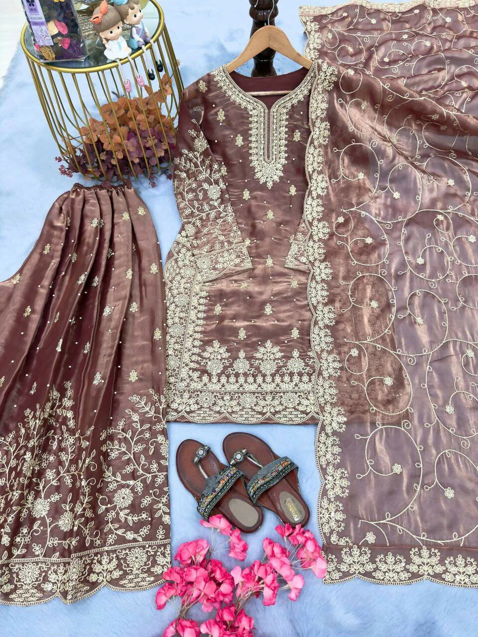 Teeya Creation Coffee Pure Silk Gimmy Silk Heavy Embroidery Work Wedding Wear Palazzo Pair - Image 2