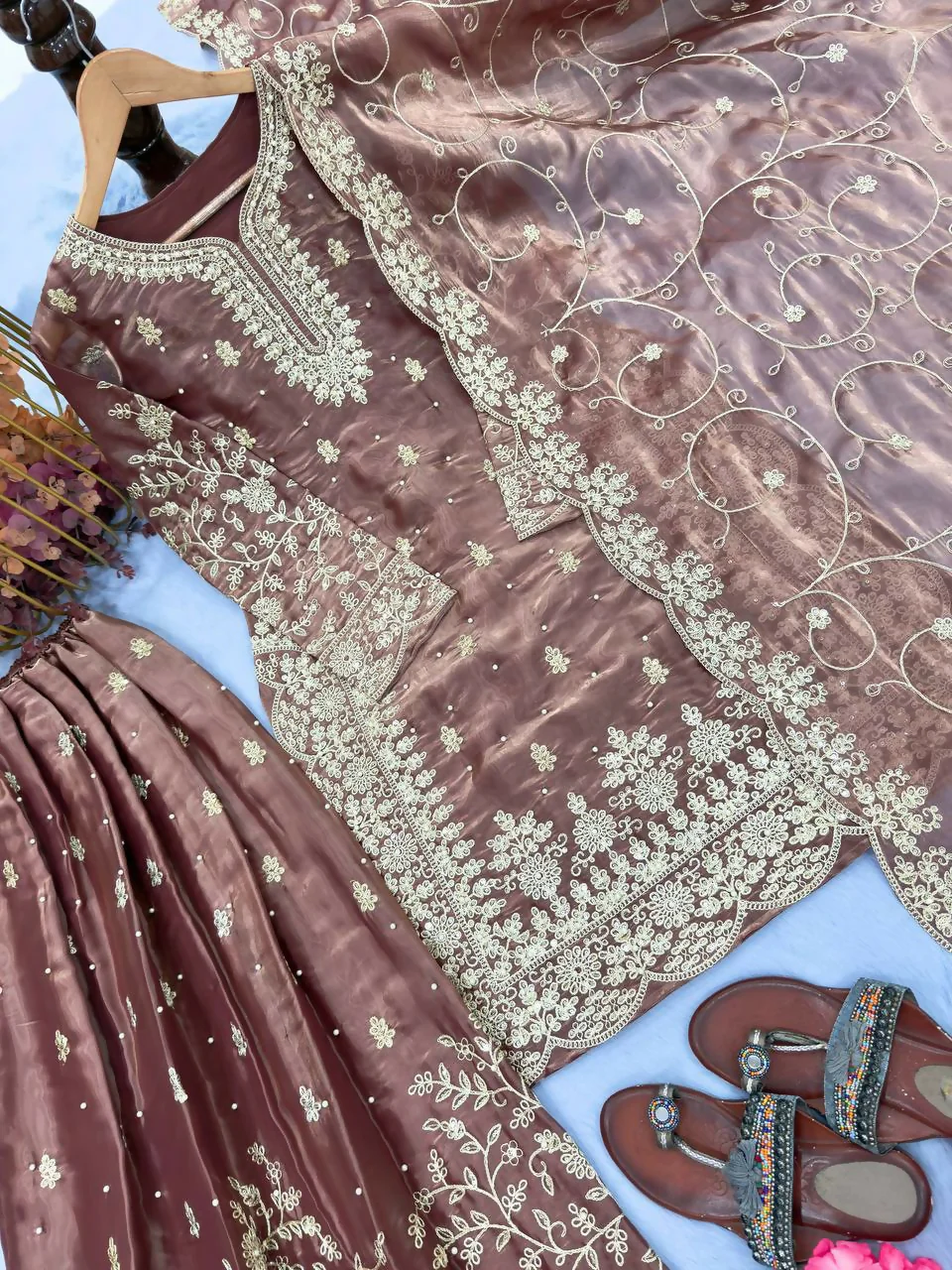 Teeya Creation Coffee Pure Silk Gimmy Silk Heavy Embroidery Work Wedding Wear Palazzo Pair - Image 3