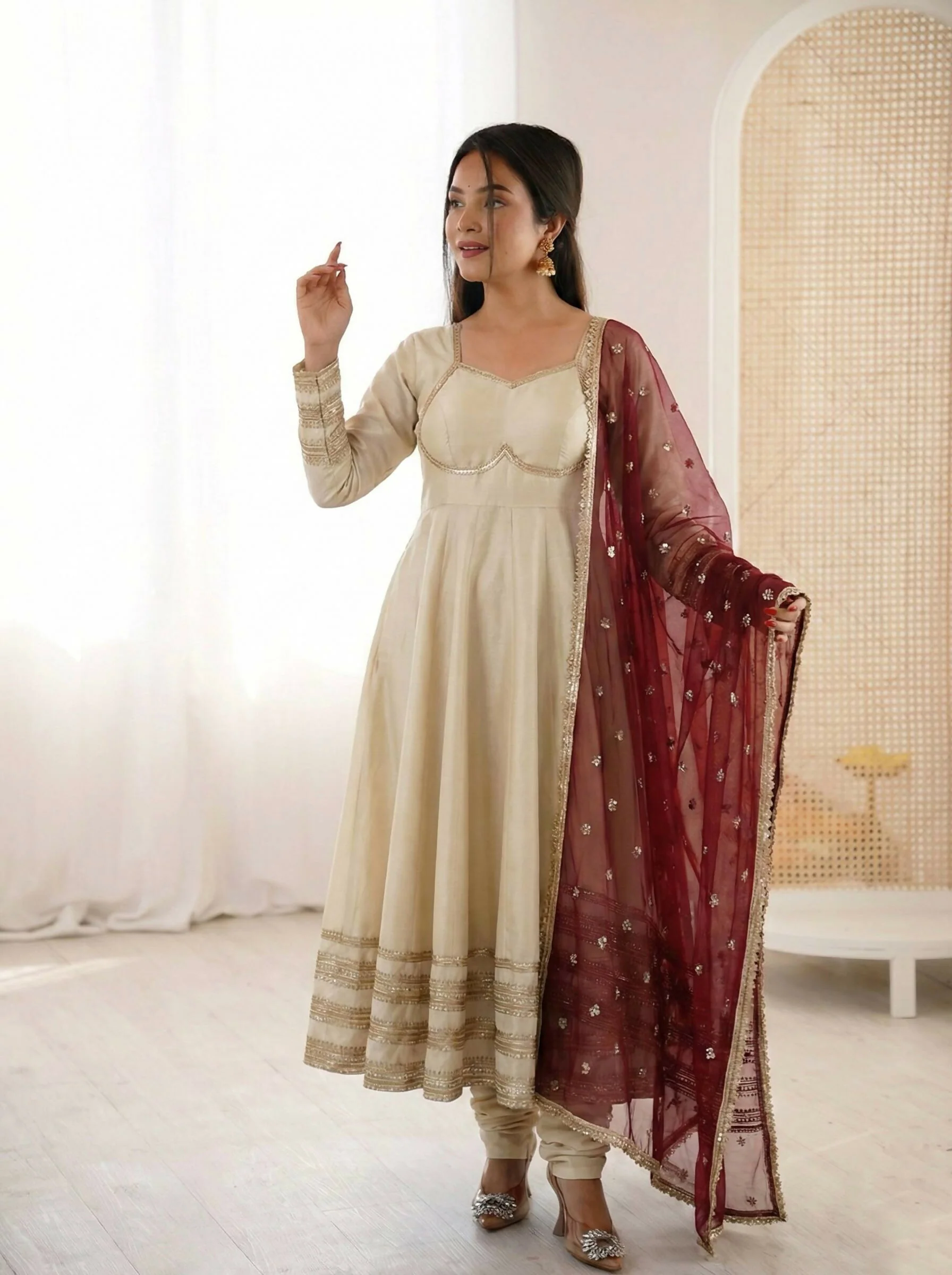 Teeya Creation Cream Cosmos Gold Lace Work Party Wear Gown - Image 3