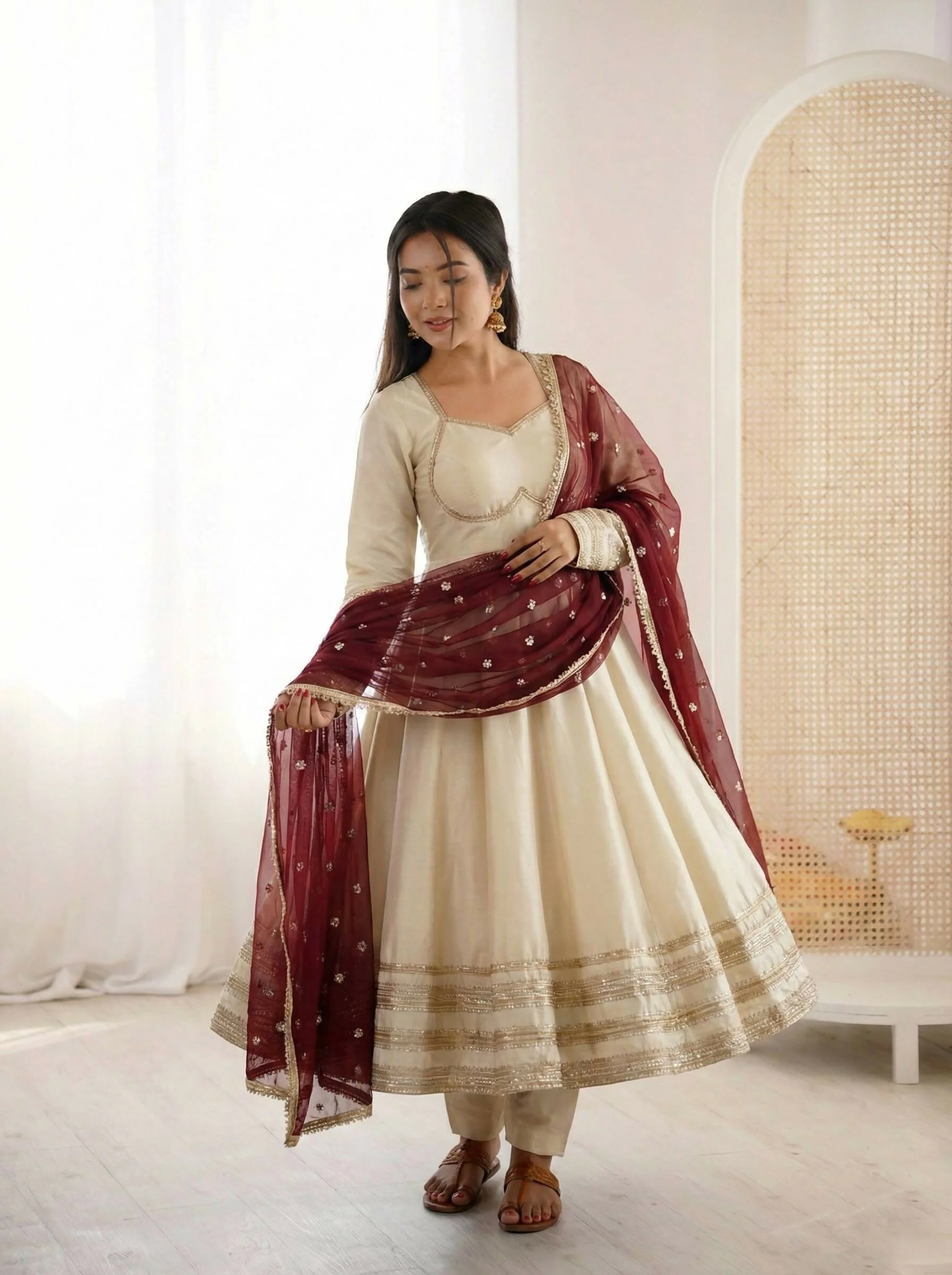 Teeya Creation Cream Cosmos Gold Lace Work Party Wear Gown - Image 4