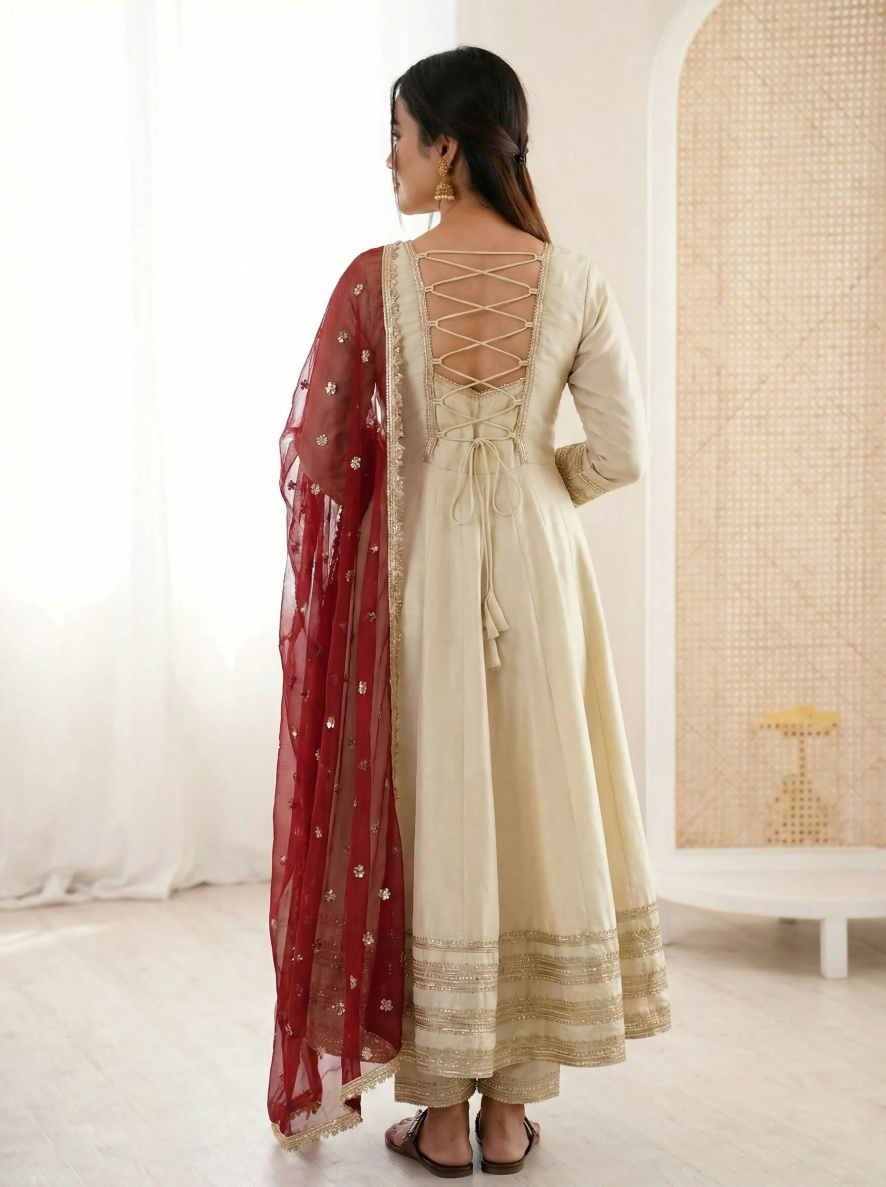 Teeya Creation Cream Cosmos Gold Lace Work Party Wear Gown - Image 5