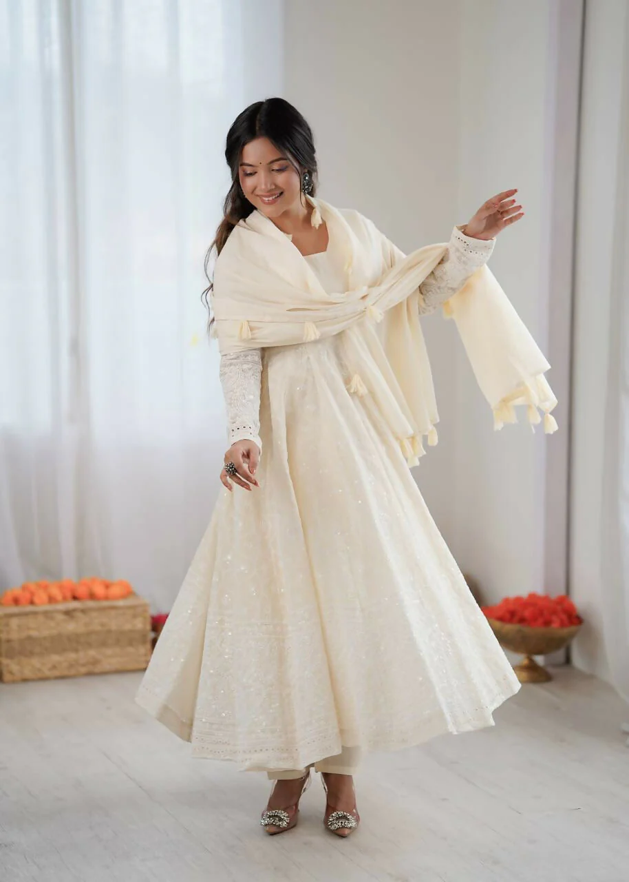 Teeya Creation Cream Kora Cotton Designer Embroidery Work long Gown - Image 3