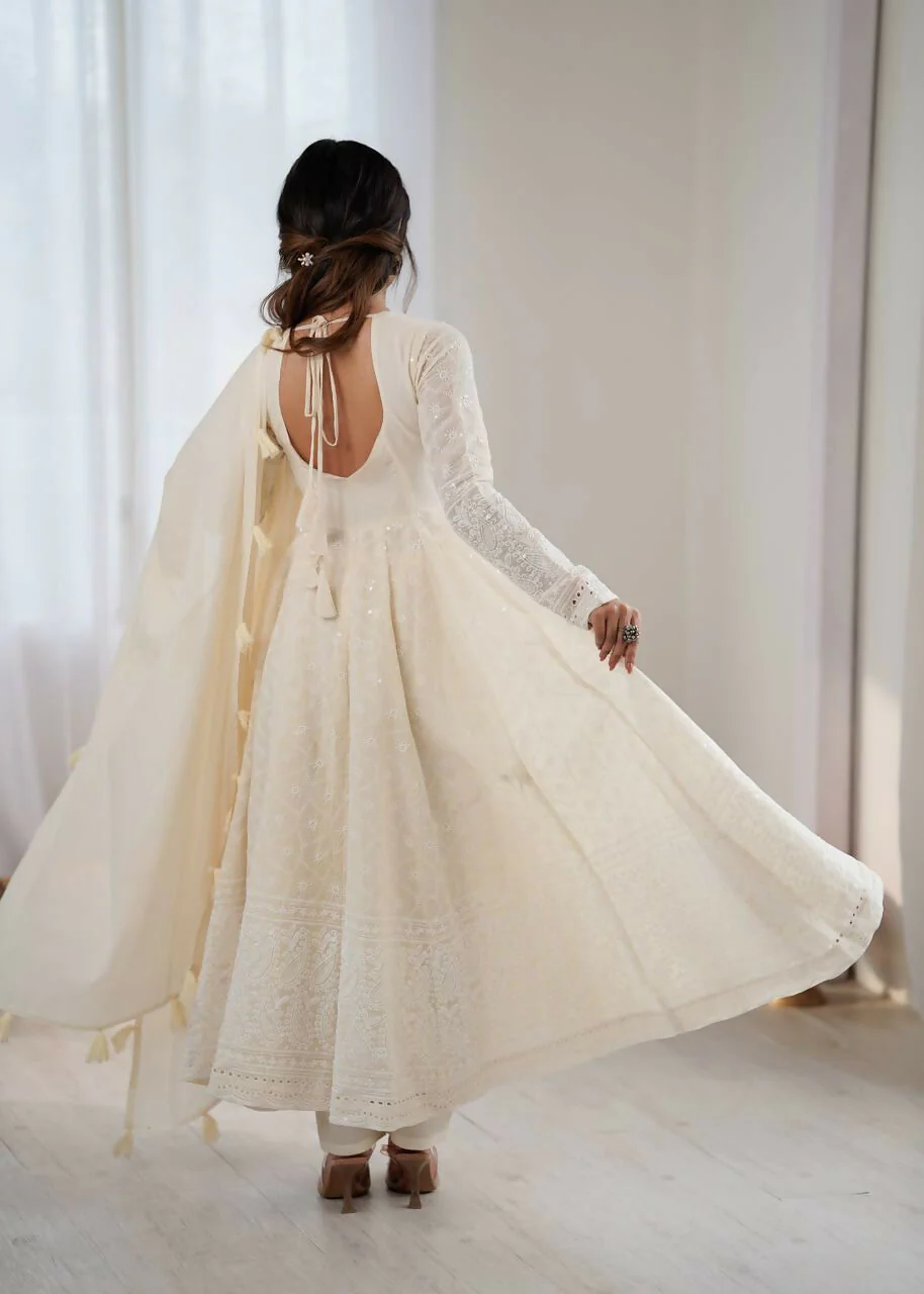 Teeya Creation Cream Kora Cotton Designer Embroidery Work long Gown - Image 4
